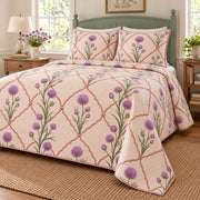 Chive Blossoms cottage garden quilt set, right oblique view with continuous terracotta trellis behind foreground chive flowers and stems, diamond quilting, AI-generated mockup