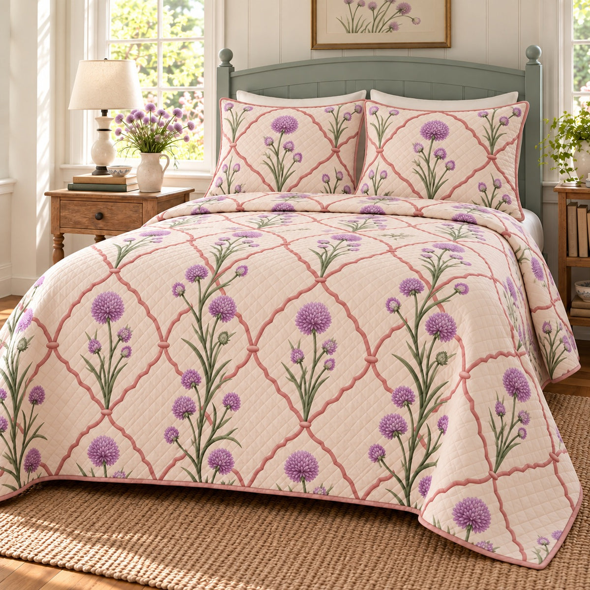 Chive Blossoms quilt set alternate view, continuous terracotta trellis behind chive flowers and stems, diamond quilting, AI-generated mockup