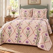 Chive Blossoms quilt set alternate view, continuous terracotta trellis behind chive flowers and stems, diamond quilting, AI-generated mockup