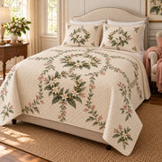 Coffee Blossom Garden Wreath quilt set, left angled view, diamond quilting