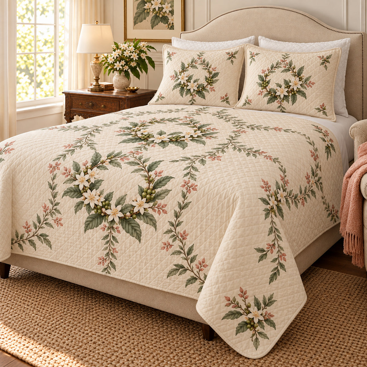 Coffee Blossom Garden Wreath quilt set, right angled view, diamond quilting