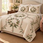 Coffee Blossom Garden Wreath quilt set, right angled view, diamond quilting
