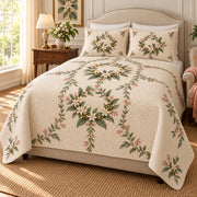 Coffee Blossom Garden Wreath quilt set, alternate angled view, diamond quilting