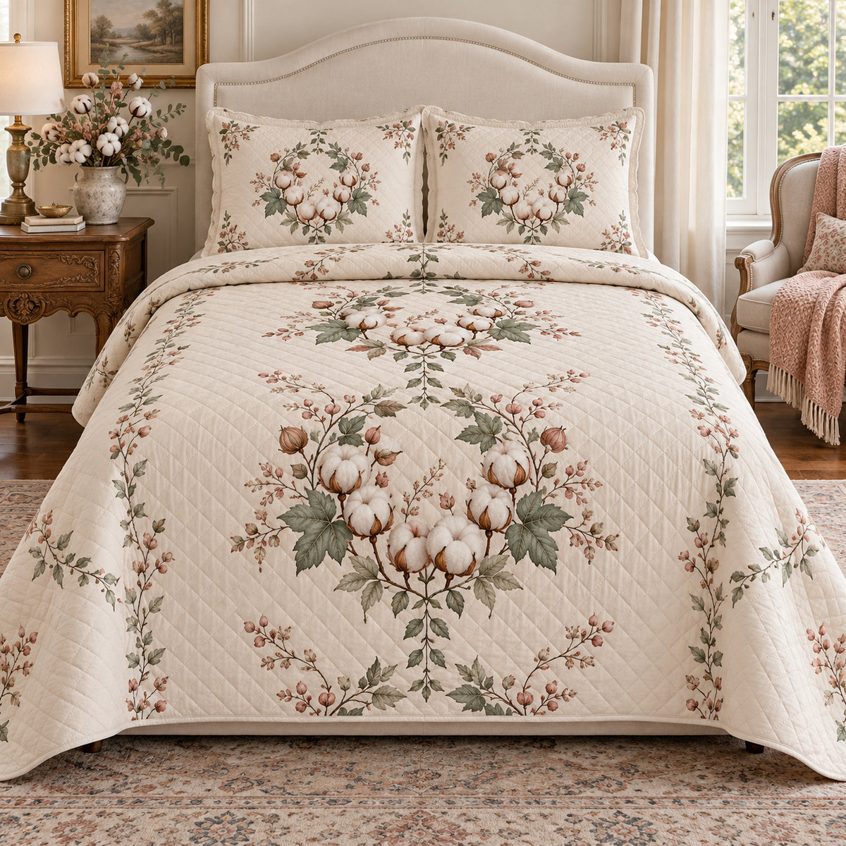 Cotton Blossom Garden Wreath quilt set, front view, diamond quilting