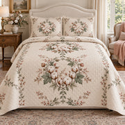 Cotton Blossom Garden Wreath quilt set, front view, diamond quilting