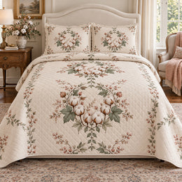 Cotton Blossom Garden Wreath Quilt Set, Elegant Bedding, Gift for Garden Lovers