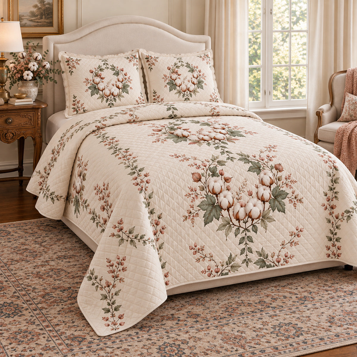 Cotton Blossom Garden Wreath quilt set, left angled view, diamond quilting