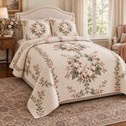 Cotton Blossom Garden Wreath quilt set, left angled view, diamond quilting