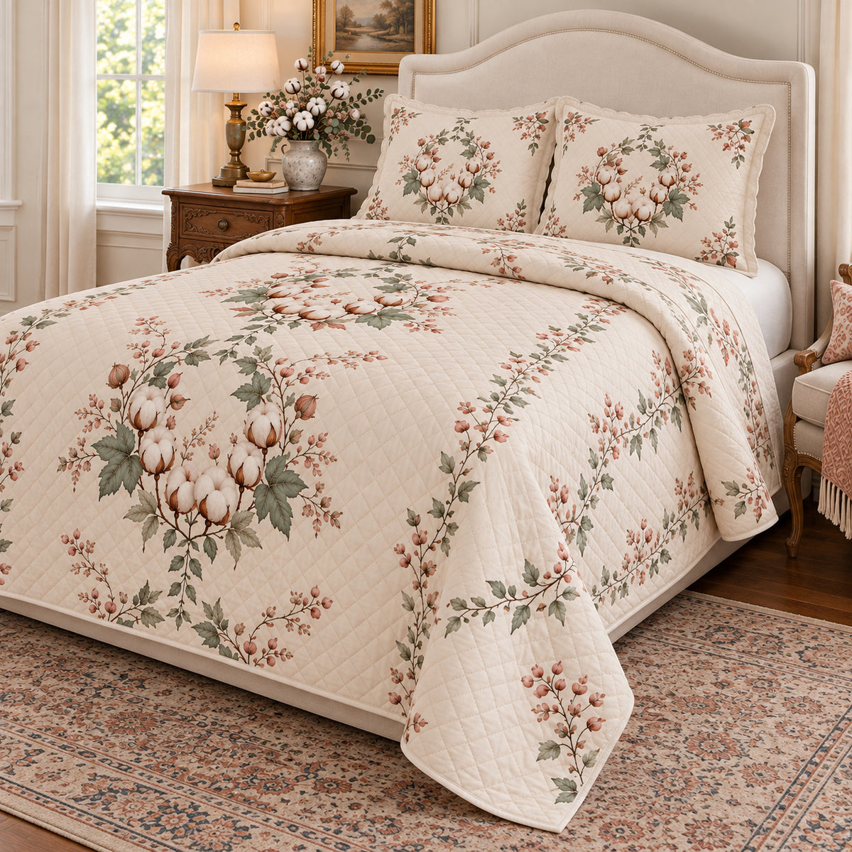 Cotton Blossom Garden Wreath quilt set, right angled view, diamond quilting