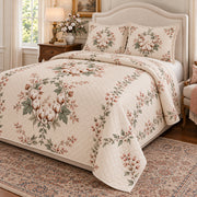 Cotton Blossom Garden Wreath quilt set, right angled view, diamond quilting