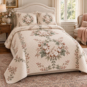 Cotton Blossom Garden Wreath quilt set, alternate angled view, diamond quilting