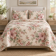 Hibiscus Rose of Sharon floral quilt set, front view