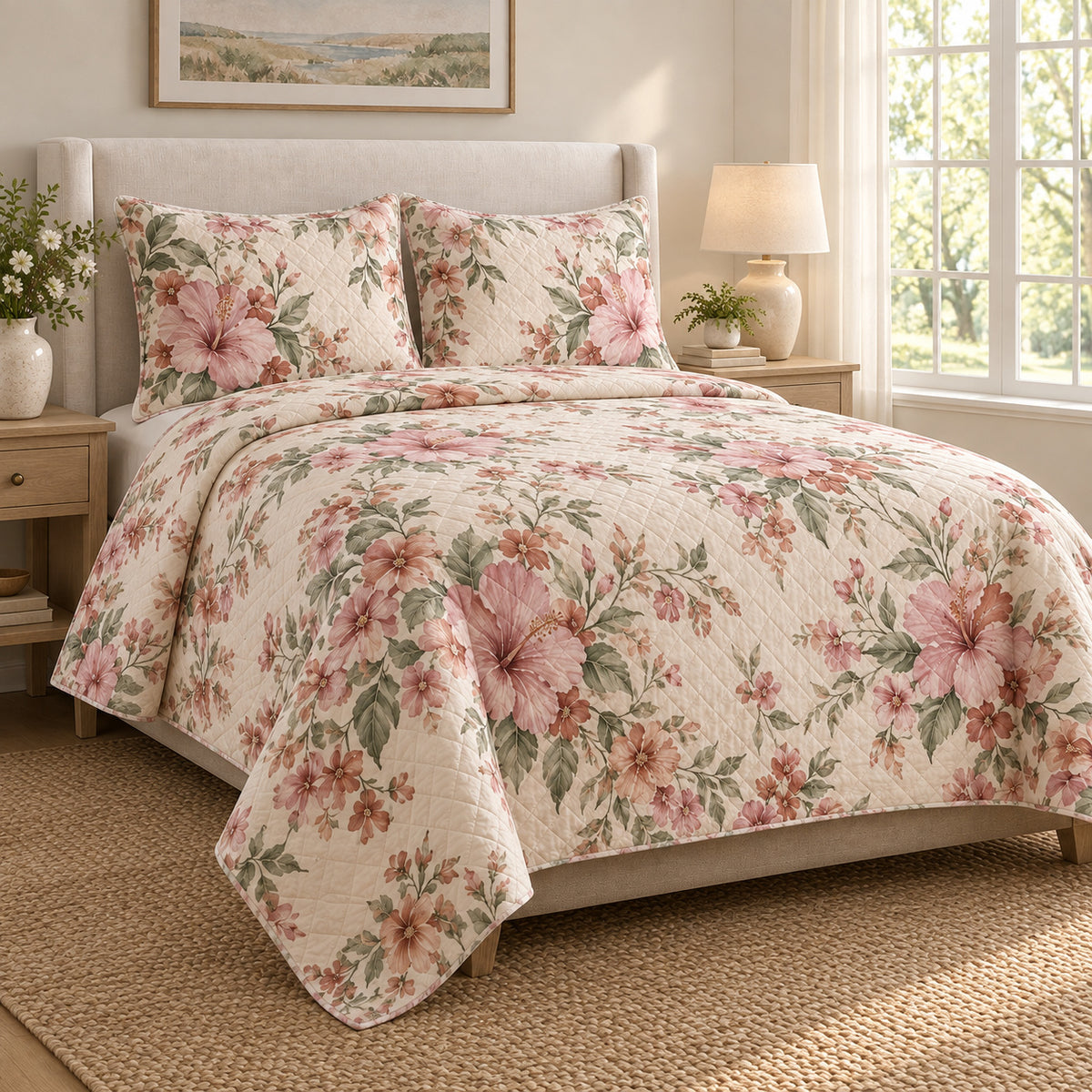 Hibiscus Rose of Sharon floral quilt set, left angle view
