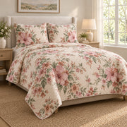 Hibiscus Rose of Sharon floral quilt set, left angle view