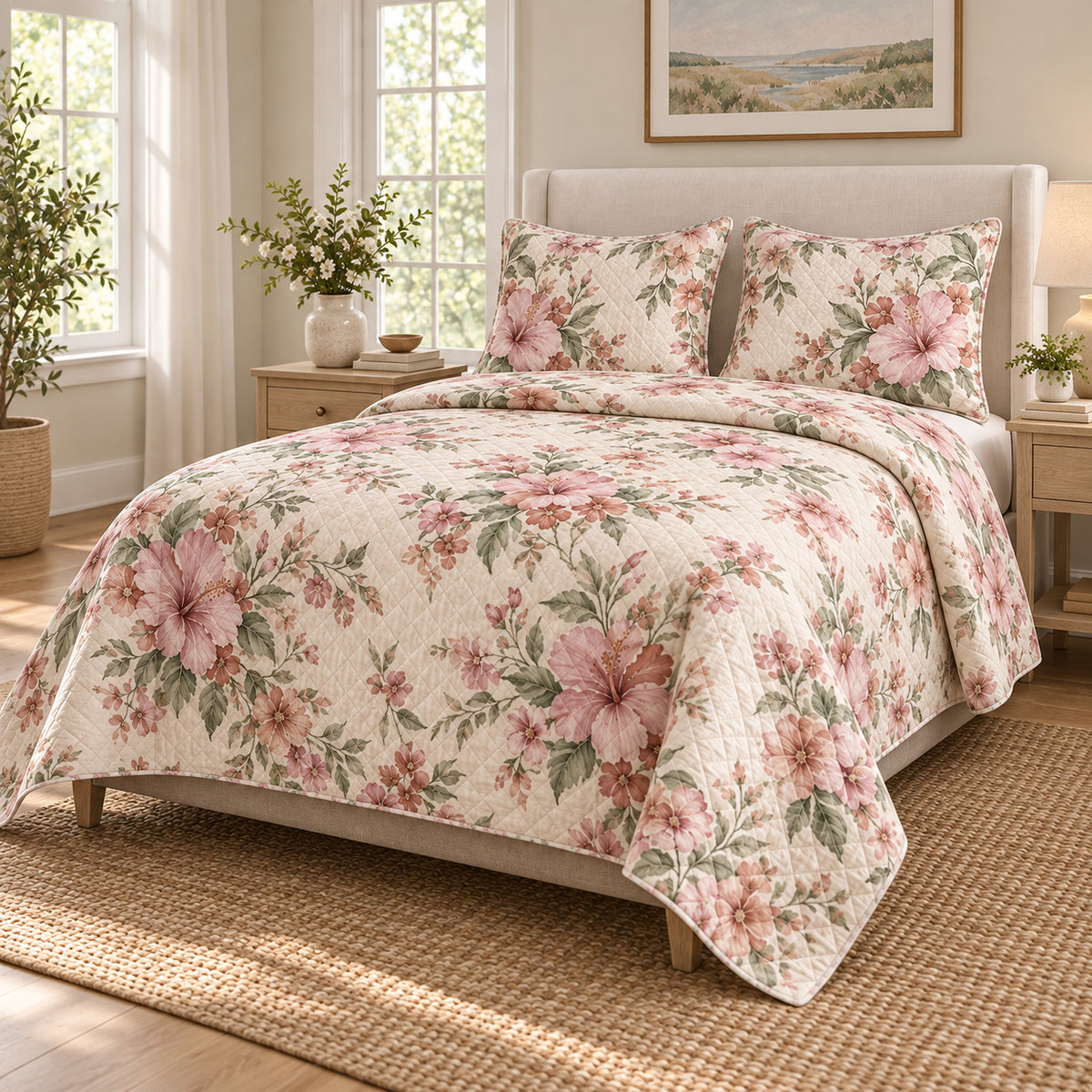 Hibiscus Rose of Sharon floral quilt set, right oblique angle view