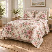 Hibiscus Rose of Sharon floral quilt set, right oblique angle view