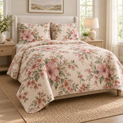 Hibiscus Rose of Sharon floral quilt set, alternate eye-level view