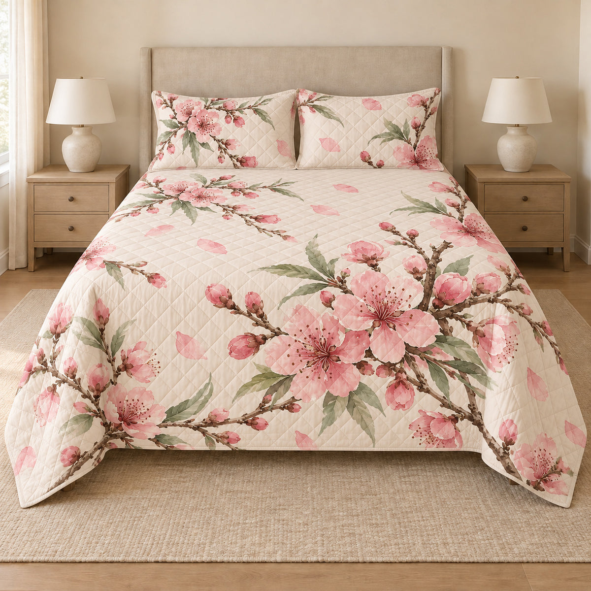 Peach Blossom watercolor quilt set front view, AI-generated mockup