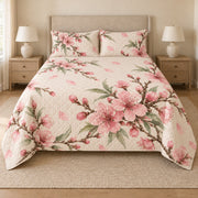 Peach Blossom watercolor quilt set front view, AI-generated mockup