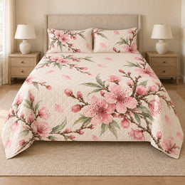 Peach Blossom Watercolor Quilt Set, Floral Bedroom Bedding, Gift for Garden Lovers