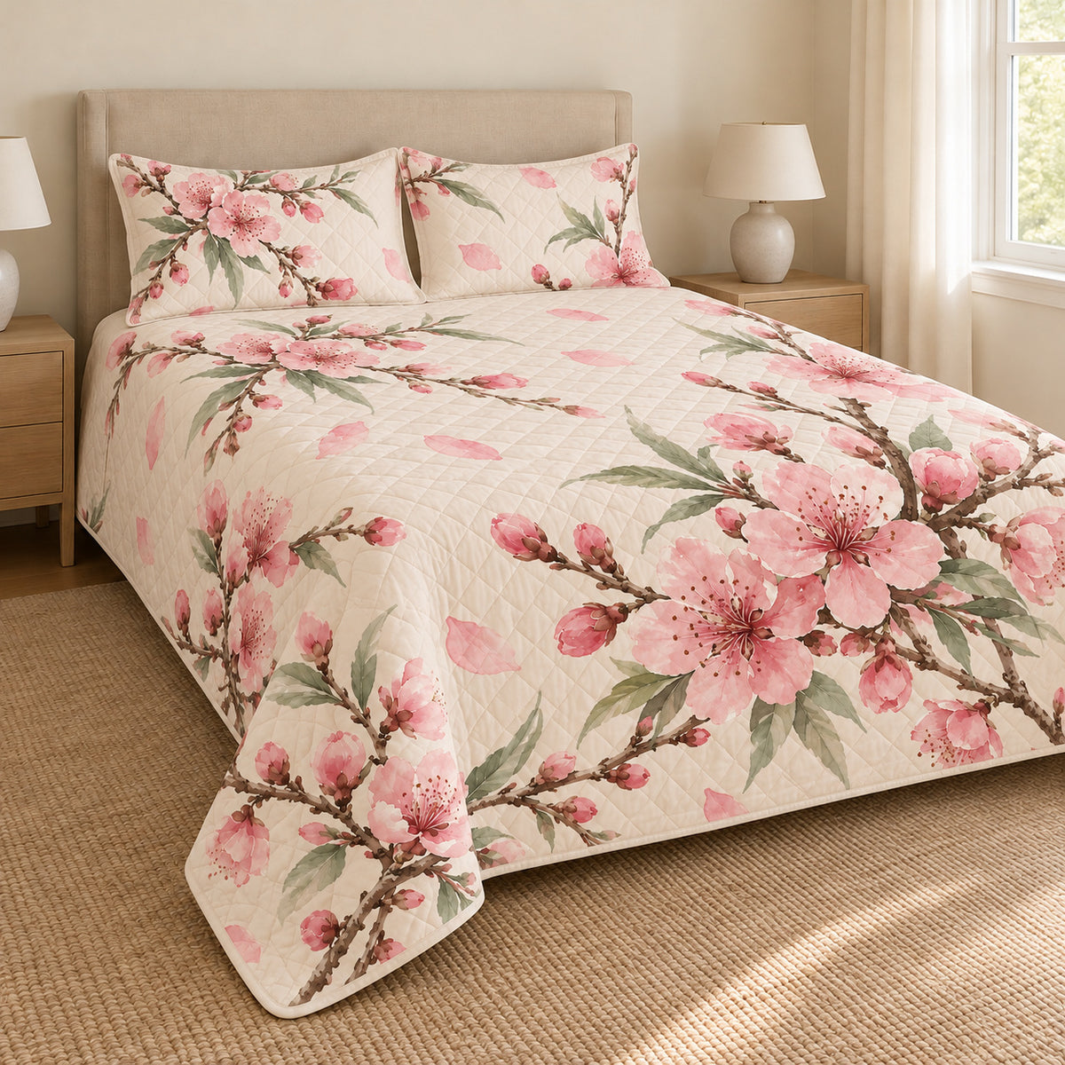 Peach Blossom watercolor quilt set left angle, AI-generated mockup