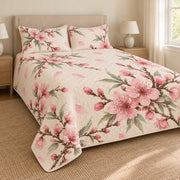 Peach Blossom watercolor quilt set left angle, AI-generated mockup