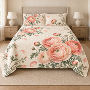 Ranunculus watercolor quilt set front view, AI-generated mockup