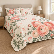 Ranunculus watercolor quilt set left angle, AI-generated mockup