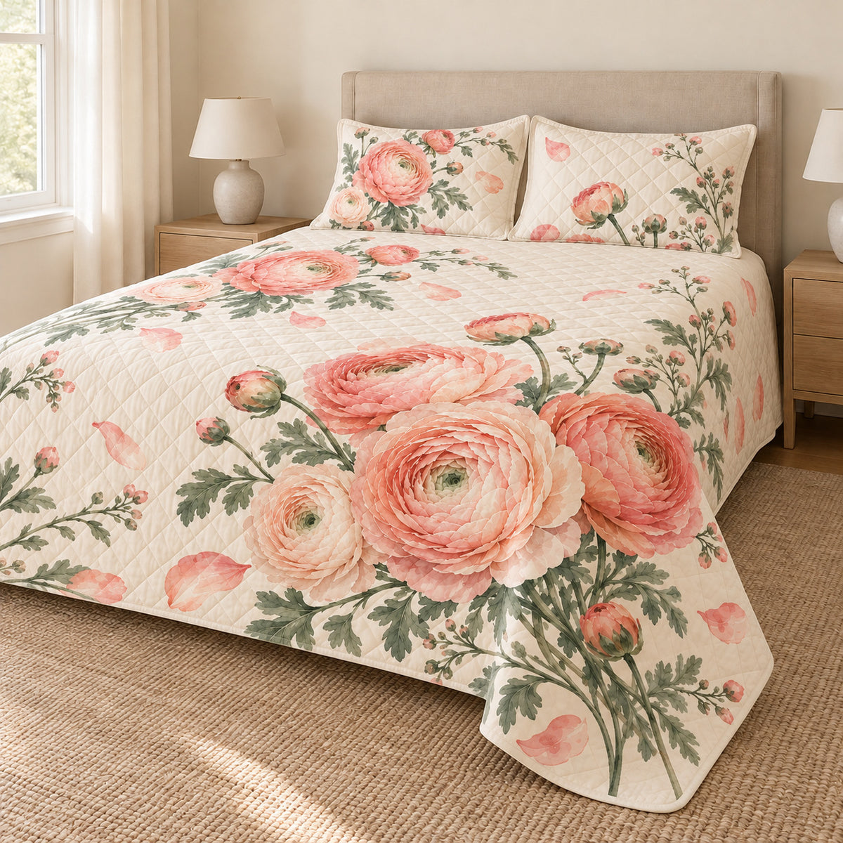 Ranunculus watercolor quilt set right angle, AI-generated mockup