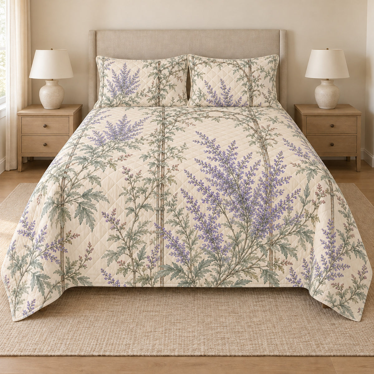 Russian Sage Cottage Garden Trellis quilt set front view, AI-generated mockup