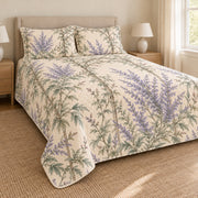 Russian Sage Cottage Garden Trellis quilt set left angle, AI-generated mockup