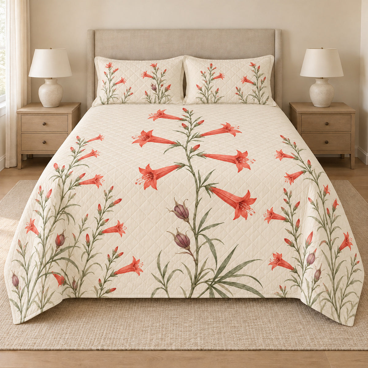 Scarlet Gilia botanical quilt set front view with diamond stitching