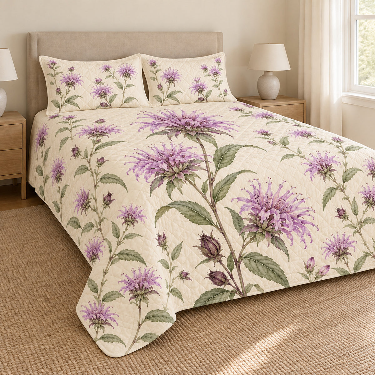 Wild Bergamot botanical quilt set left angle