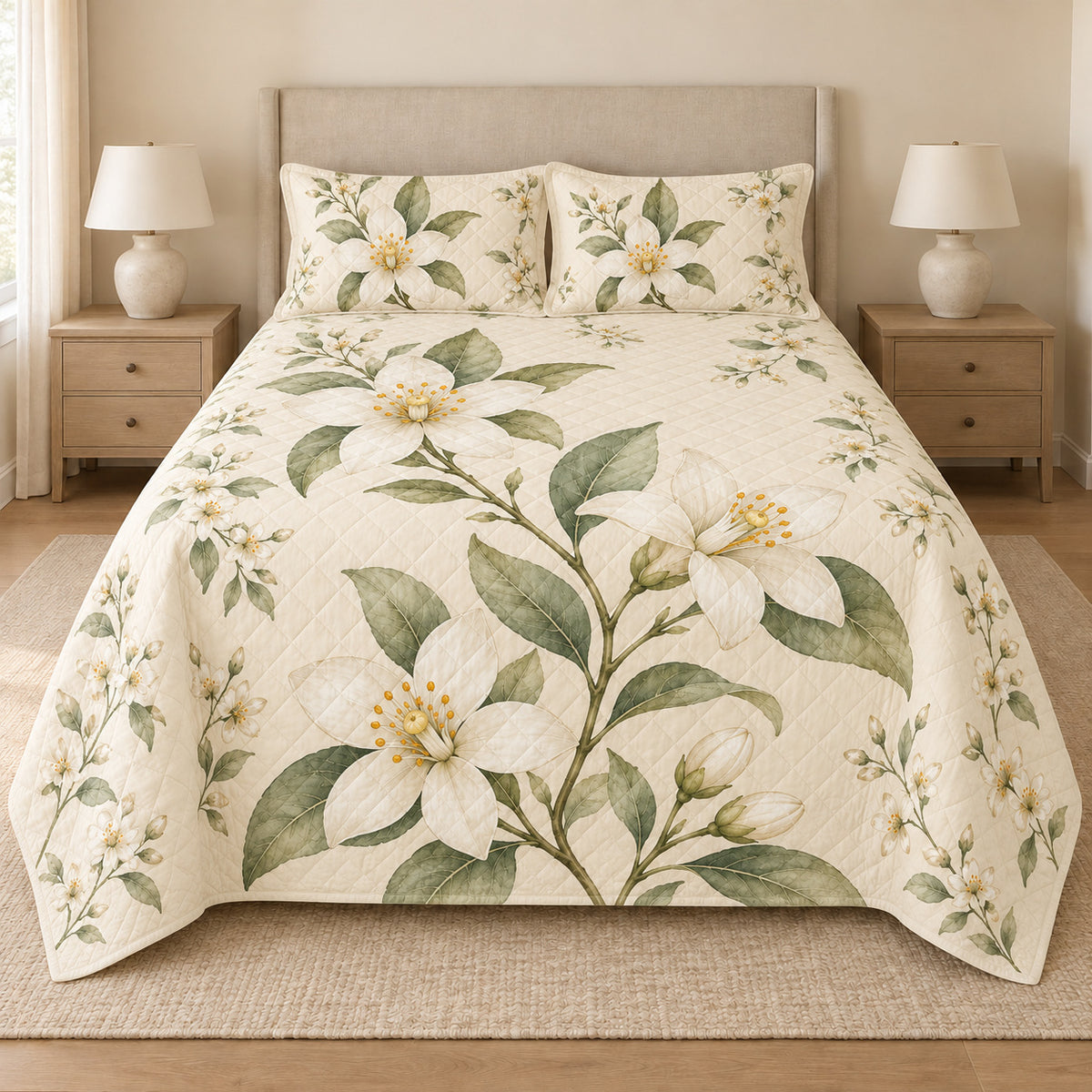 Orange Blossom quilt set front view with diamond stitching