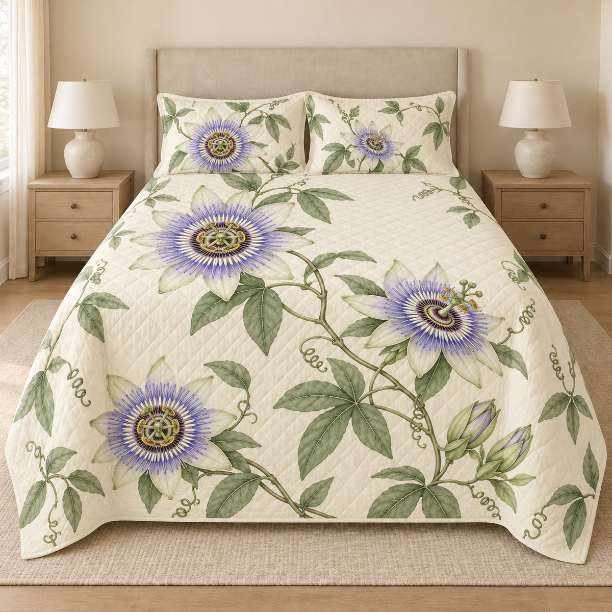 Passionflower quilt set front view with diamond stitching