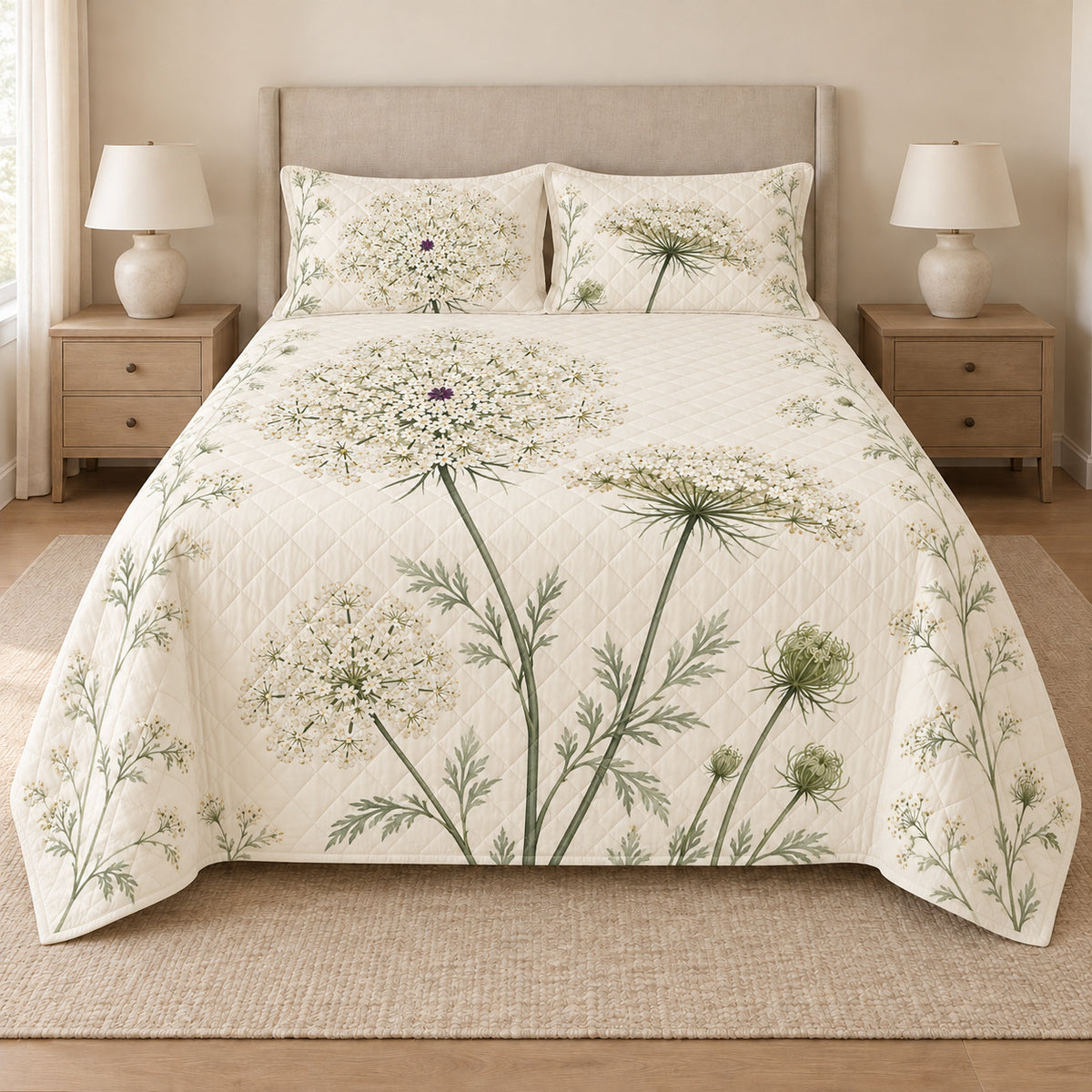 Queen Anne's Lace quilt set front view with diamond stitching