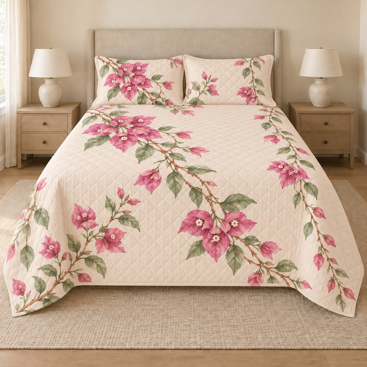 Bougainvillea quilt set front view with diamond stitching