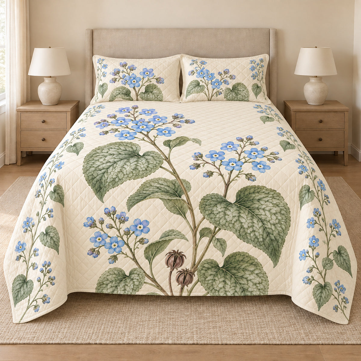 Brunnera quilt set front view with diamond stitching