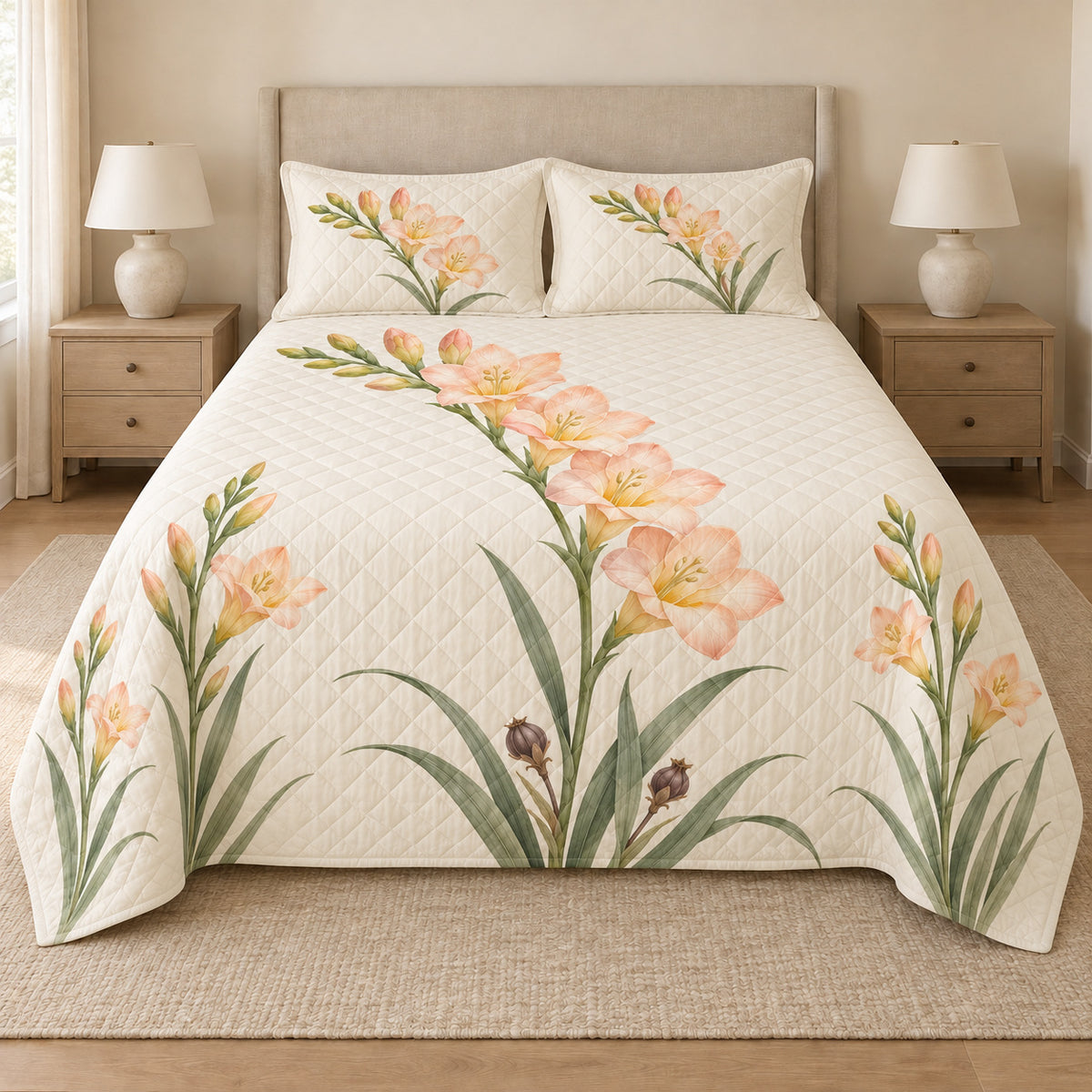 Freesia quilt set front view, peach floral design and diamond quilting