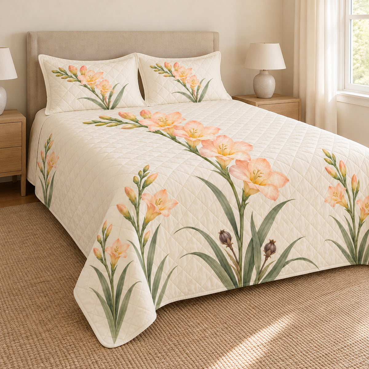 Freesia quilt set left angle, printed side drape and matching shams