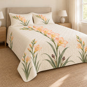 Freesia quilt set left angle, printed side drape and matching shams