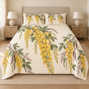 Golden chain blossom quilt set front view, botanical print and diamond quilting