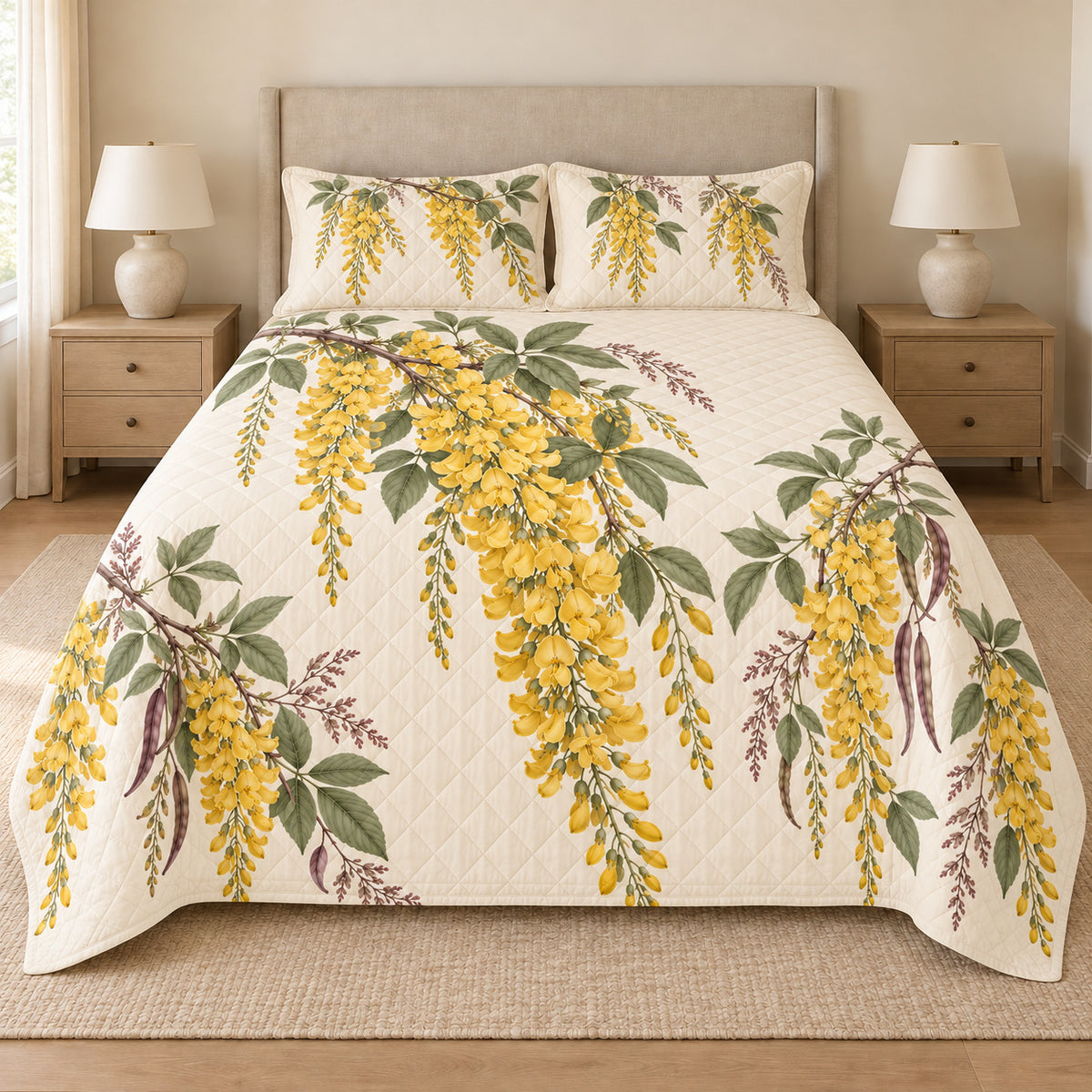 Golden chain blossom quilt set front view, botanical print and diamond quilting