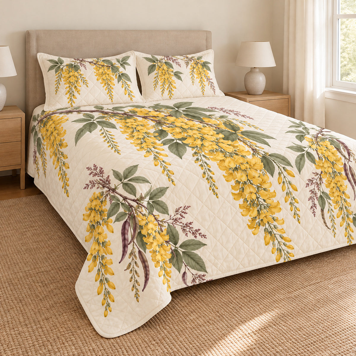 Golden chain blossom quilt set left angle, printed side drape and matching shams