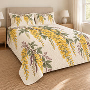 Golden chain blossom quilt set left angle, printed side drape and matching shams