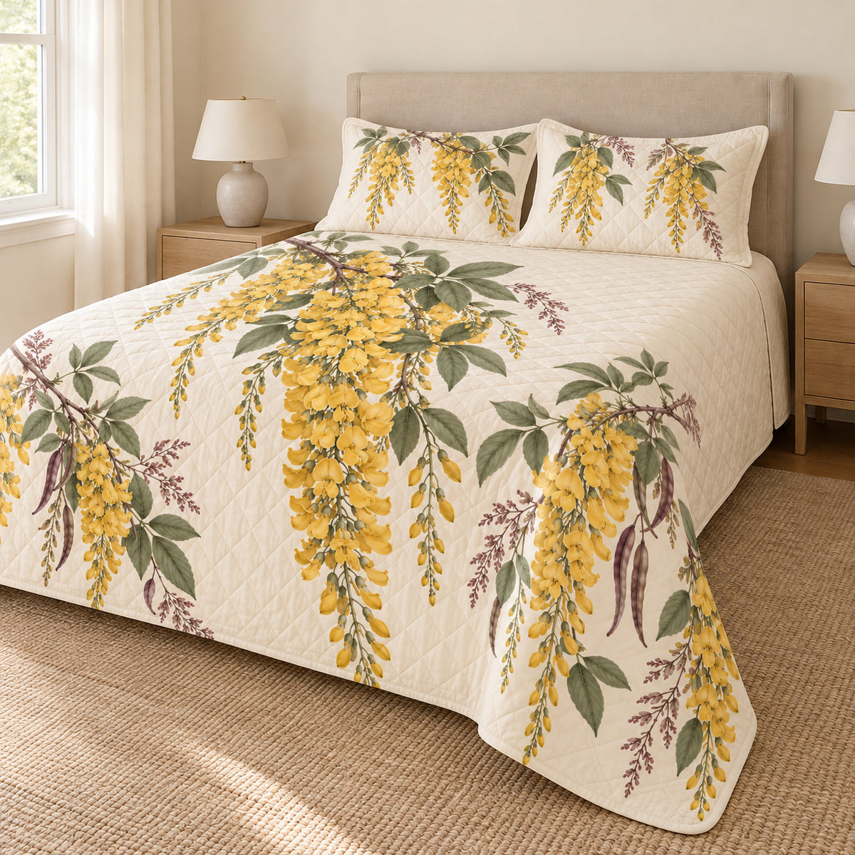 Golden chain blossom quilt set right angle, continuous floral print and diamond quilting