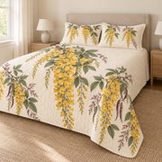 Golden chain blossom quilt set right angle, continuous floral print and diamond quilting