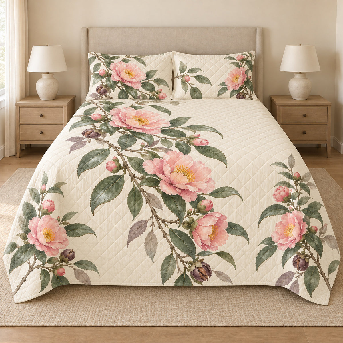 Pink camellia sasanqua quilt set front view, floral print and diamond quilting