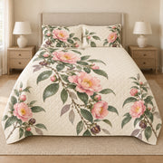 Pink camellia sasanqua quilt set front view, floral print and diamond quilting