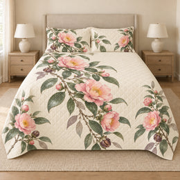 Pink Camellia Sasanqua Quilt Set, Floral Bedding, Gift for Gardeners
